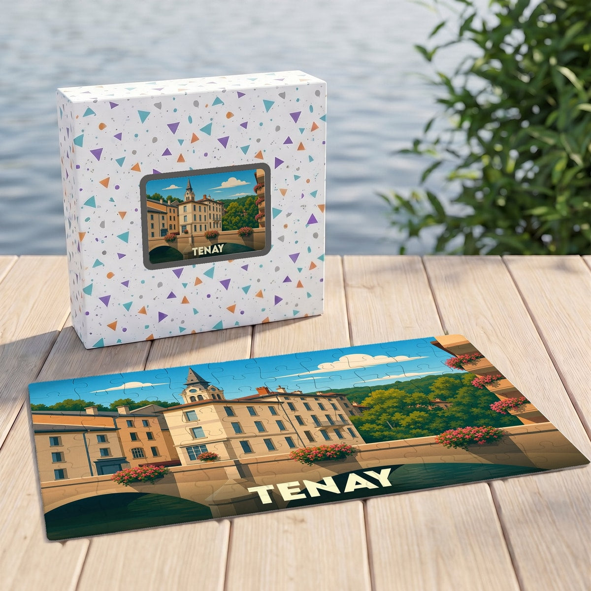 Puzzle souvenir de la ville de Tenay avec une illustration stylisée.