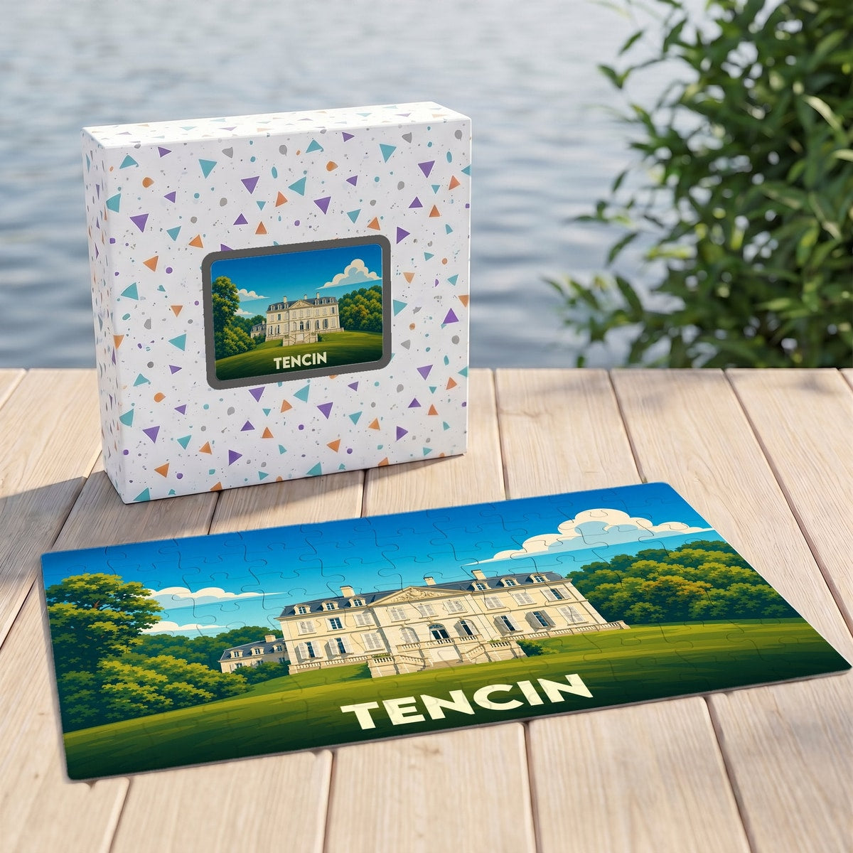 Puzzle souvenir de la ville de Tencin avec une illustration stylisée d'un château.