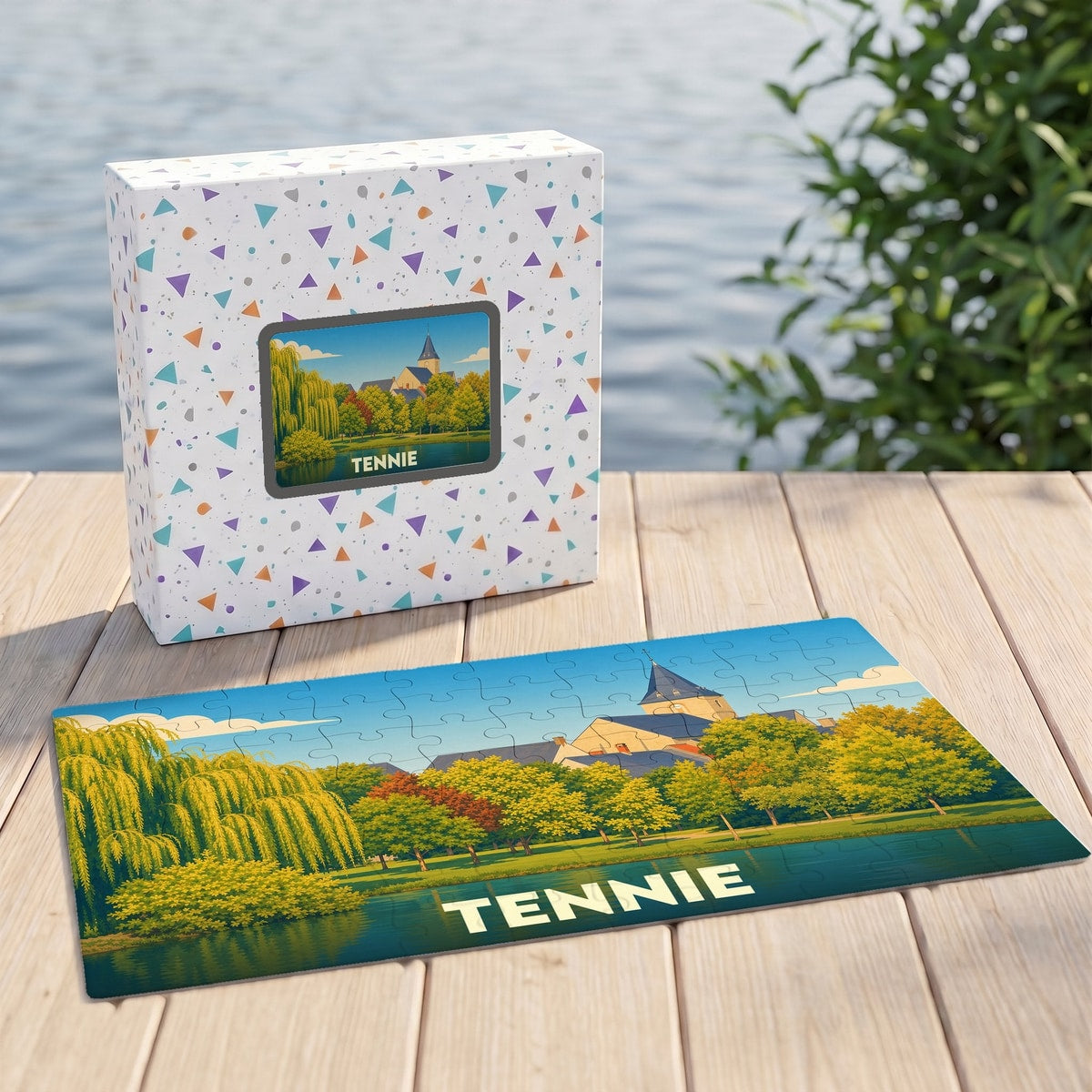 Puzzle souvenir de la ville de Tennie illustrant un paysage de bord de l'eau avec son église.