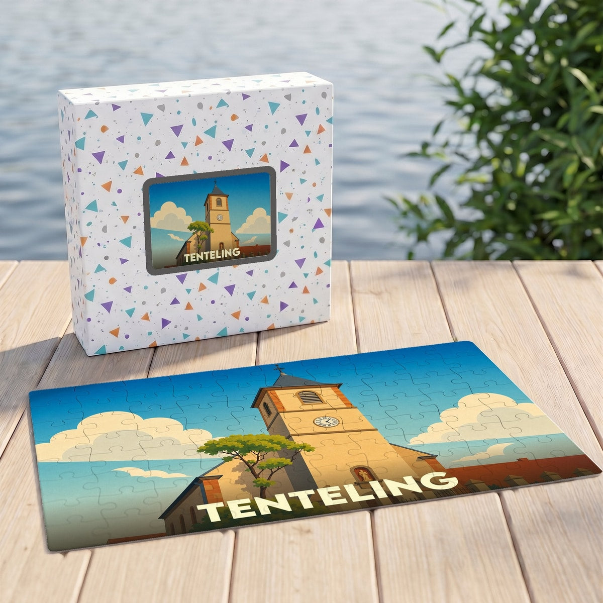 Puzzle souvenir de la ville de Tenteling avec une illustration stylisée de son église.