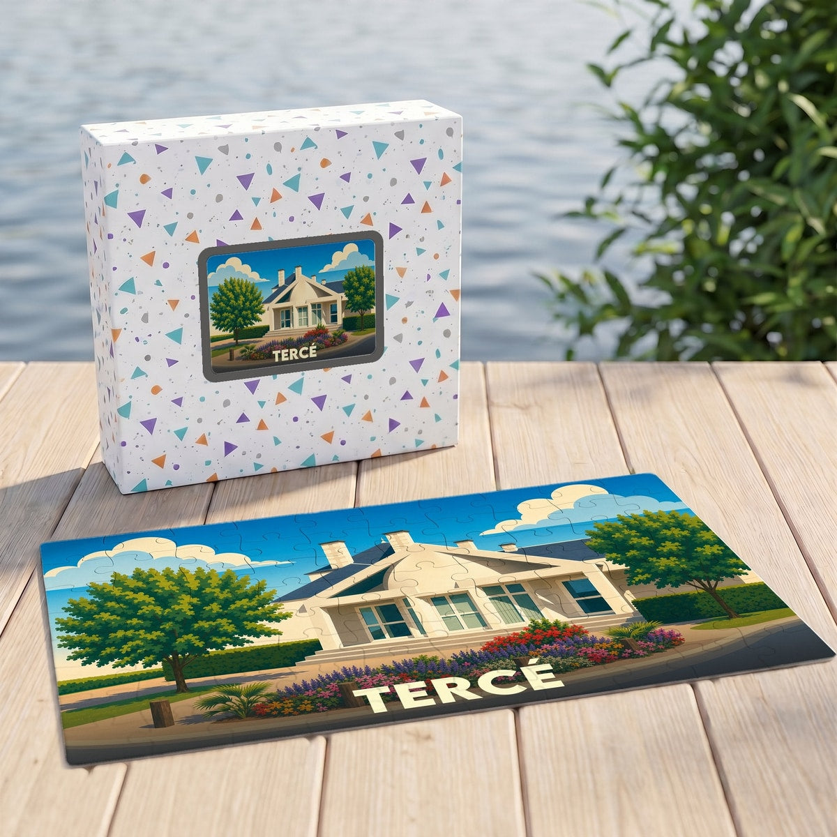 Puzzle souvenir de la ville de Tercé avec une illustration stylisée d'une maison et de son jardin.