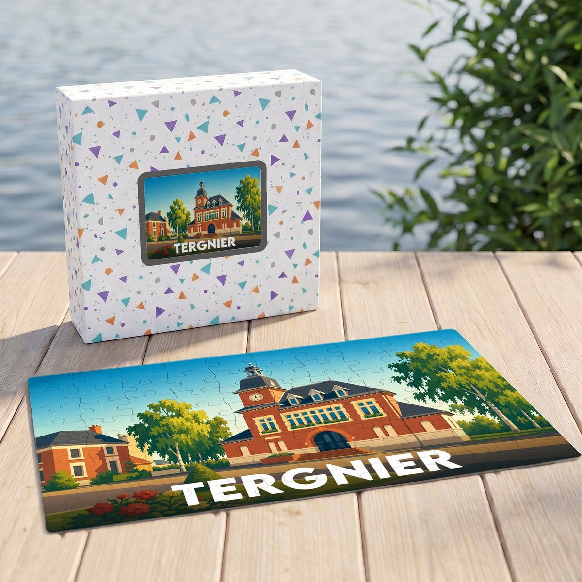 Puzzle souvenir de la ville de Tergnier avec une illustration stylisée de son hôtel de ville.