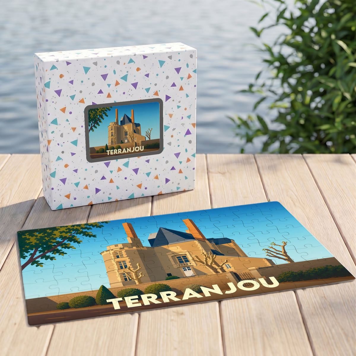 Puzzle souvenir de la ville de Terranjou avec une illustration stylisée d'un château.