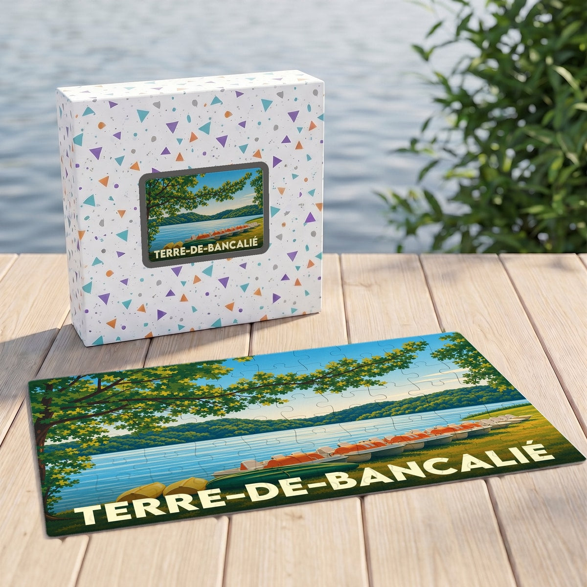 Puzzle souvenir de la ville de Terre-de-Bancalié illustrant un paysage de lac avec des barques.