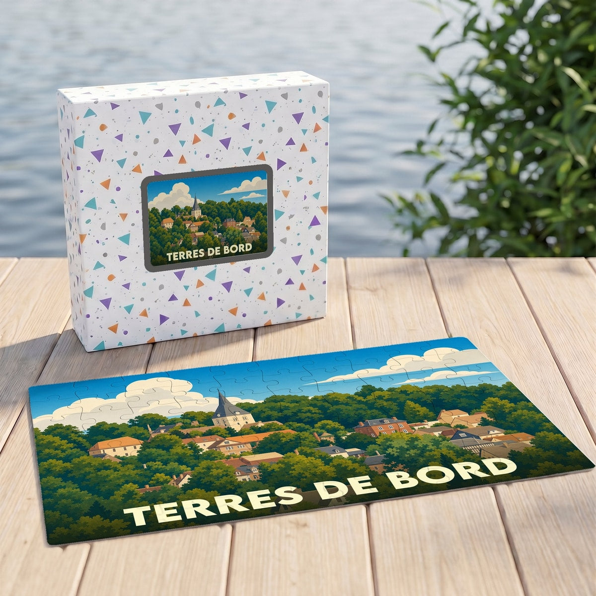 Puzzle souvenir de la ville de Terres de Bord avec une illustration de paysage urbain verdoyant.
