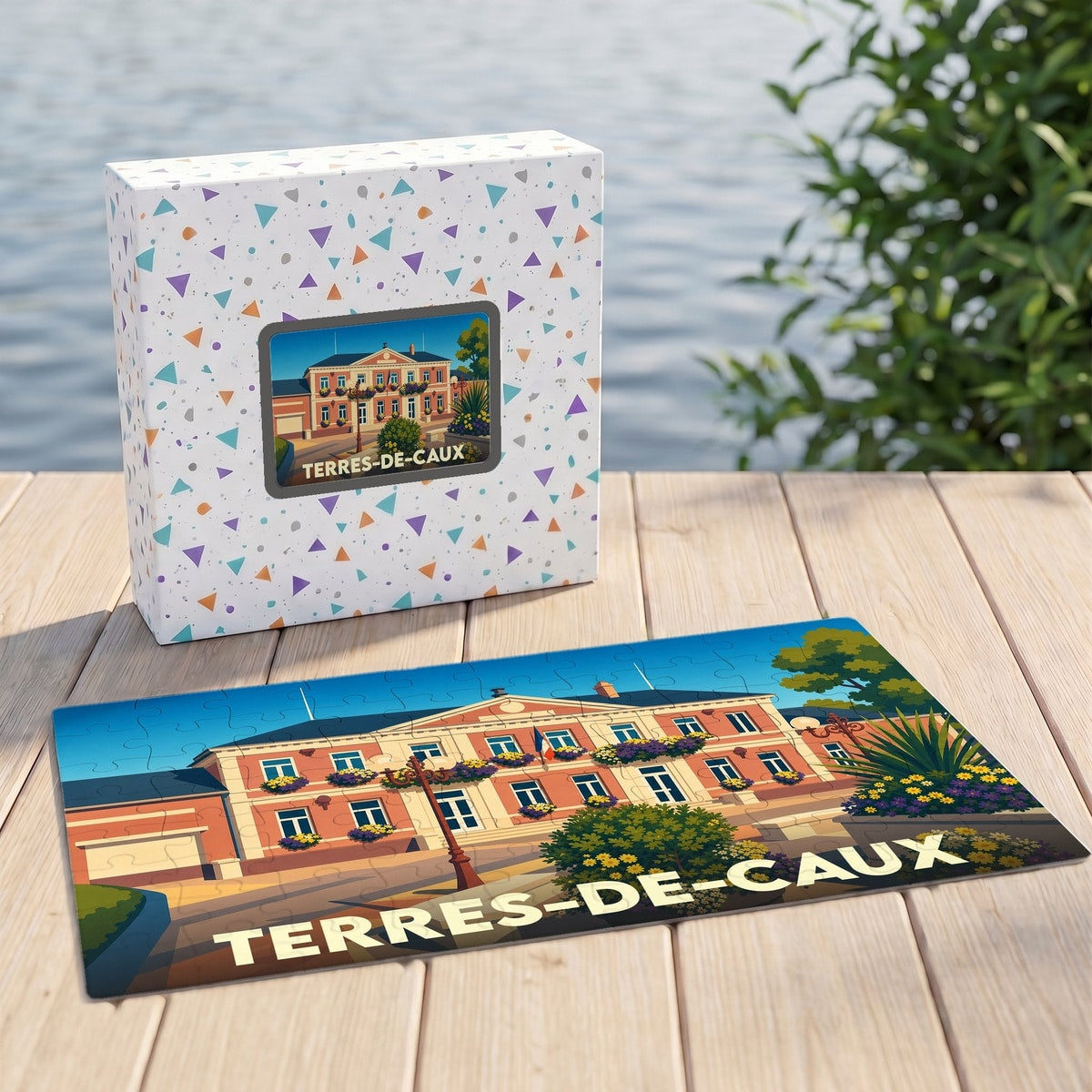 Puzzle souvenir de la ville de Terres-de-Caux avec une illustration stylisée de sa mairie.