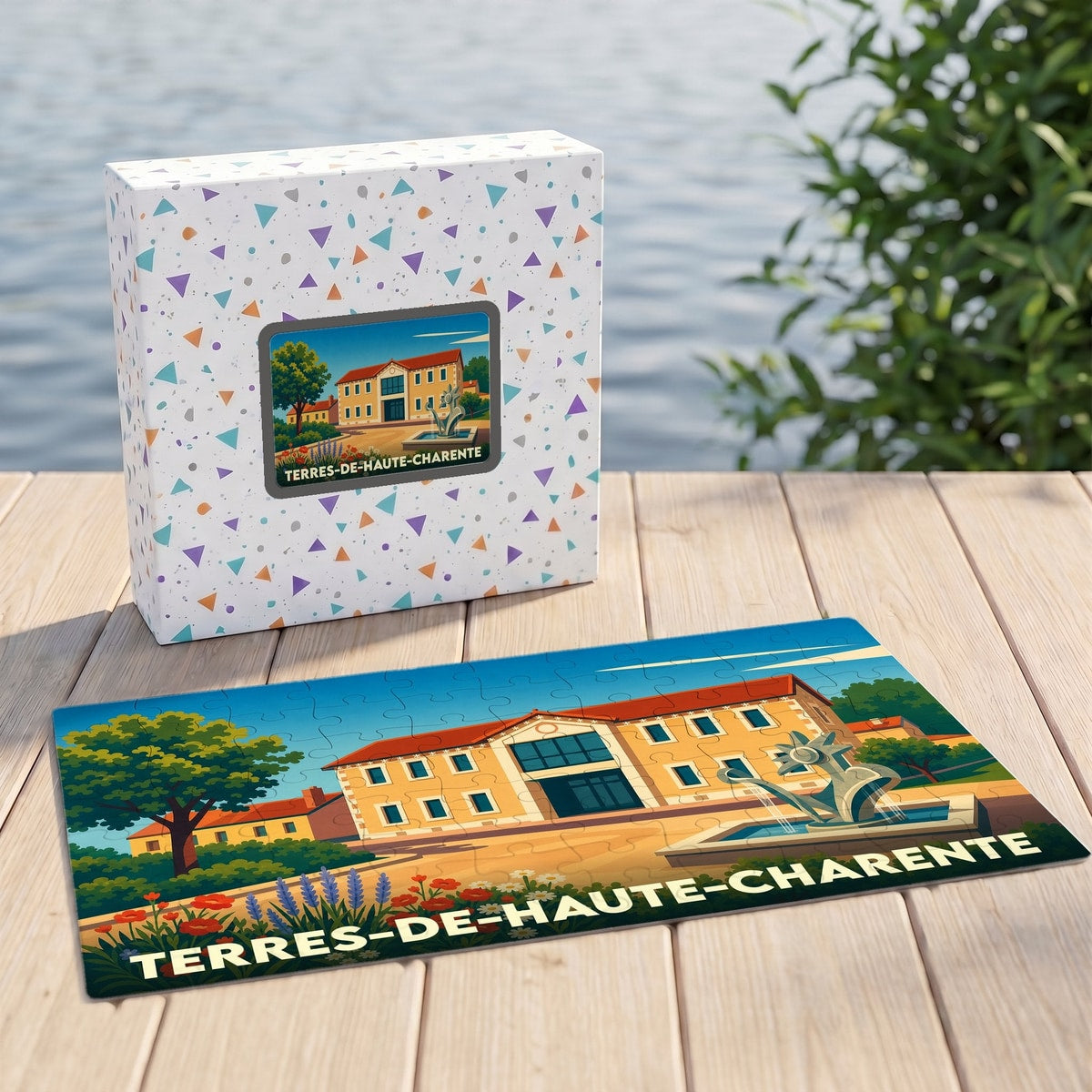 Puzzle souvenir de la ville de Terres-de-Haute-Charente avec une illustration stylisée d'un bâtiment et d'une fontaine.
