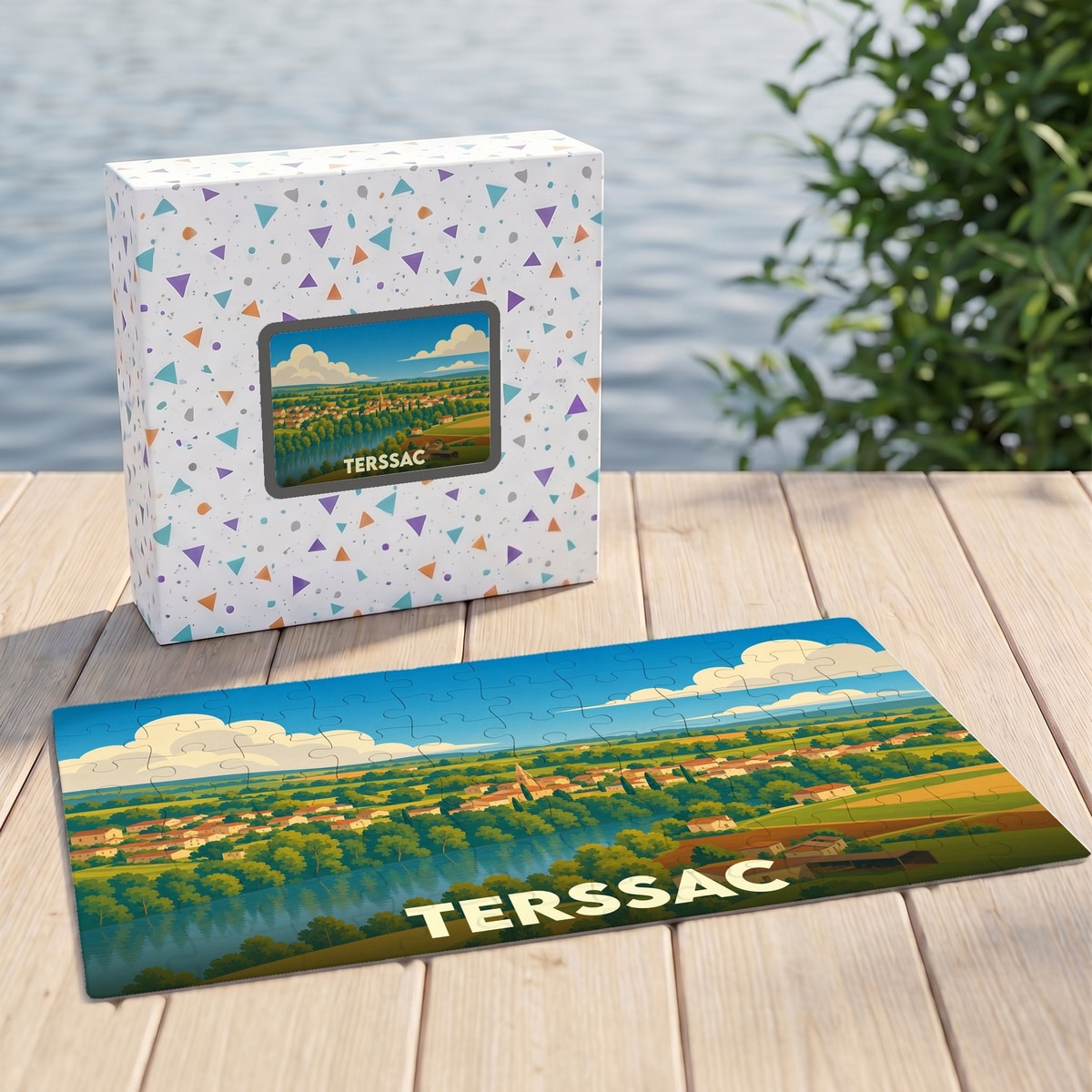 Puzzle souvenir de la ville de Terssac avec une illustration paysagère stylisée.