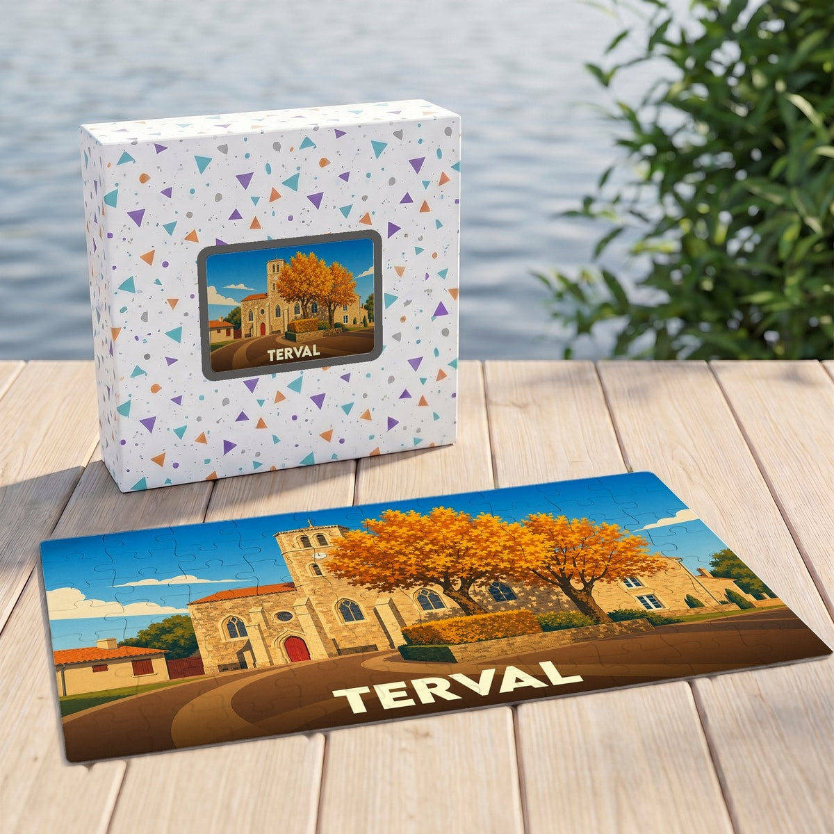 Puzzle souvenir de la ville de Terval avec une illustration stylisée d'une église et d'arbres en automne.