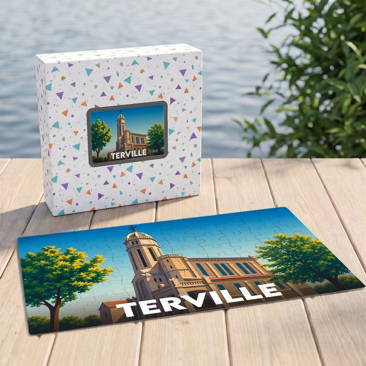 Puzzle souvenir de la ville de Terville avec une illustration stylisée d'un monument historique.