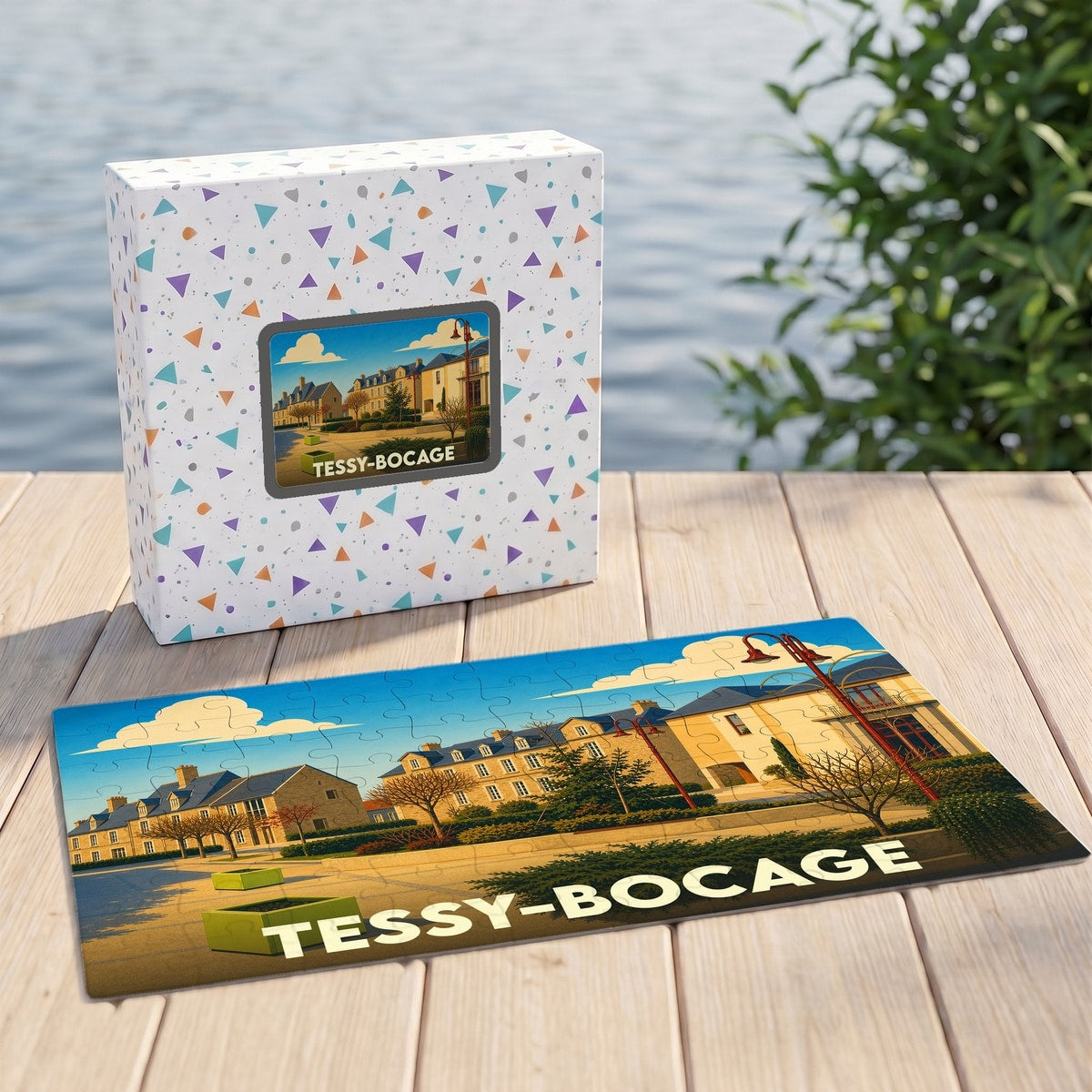 Puzzle souvenir de la ville de Tessy-Bocage avec une illustration stylisée.