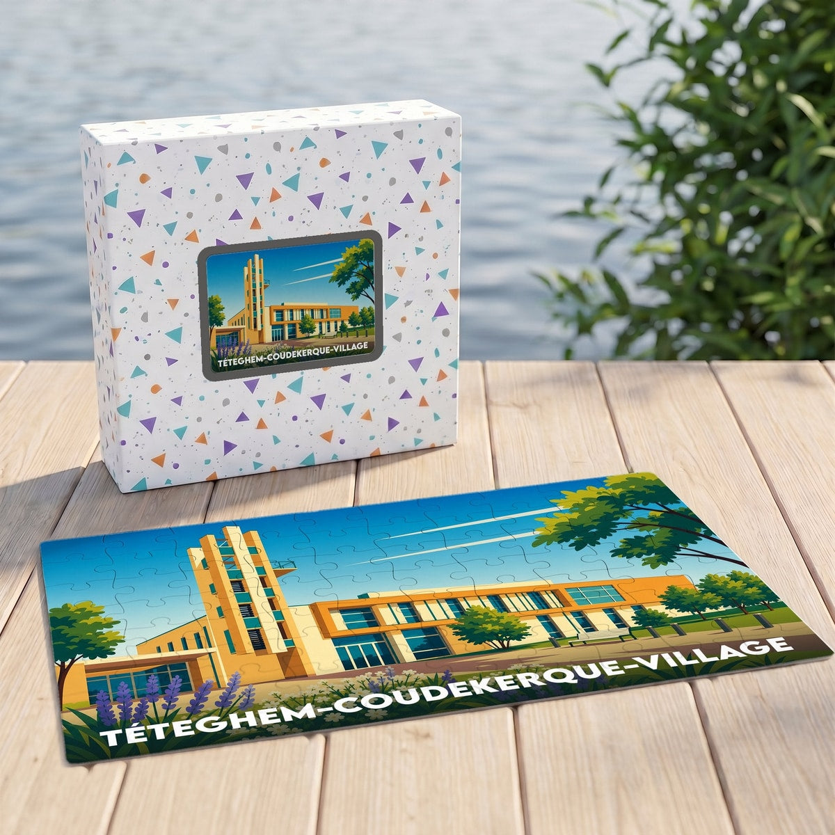 Puzzle souvenir de la ville de Téteghem-Coudekerque-Village avec une illustration stylisée et colorée de son architecture moderne.