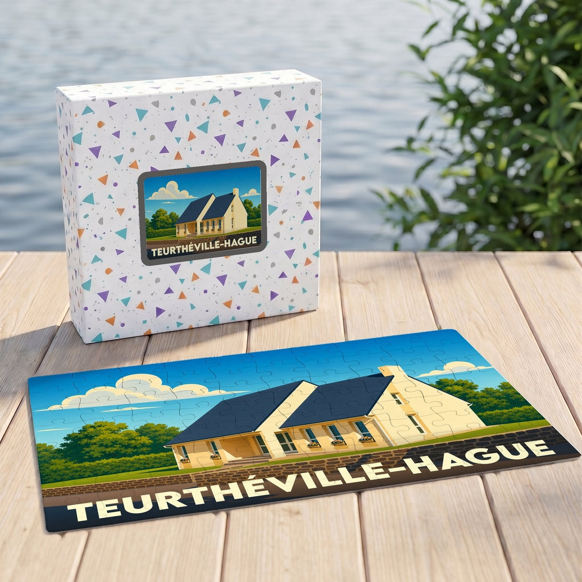 Puzzle souvenir de la ville de Teurthéville-Hague avec une illustration stylisée d'une maison normande.