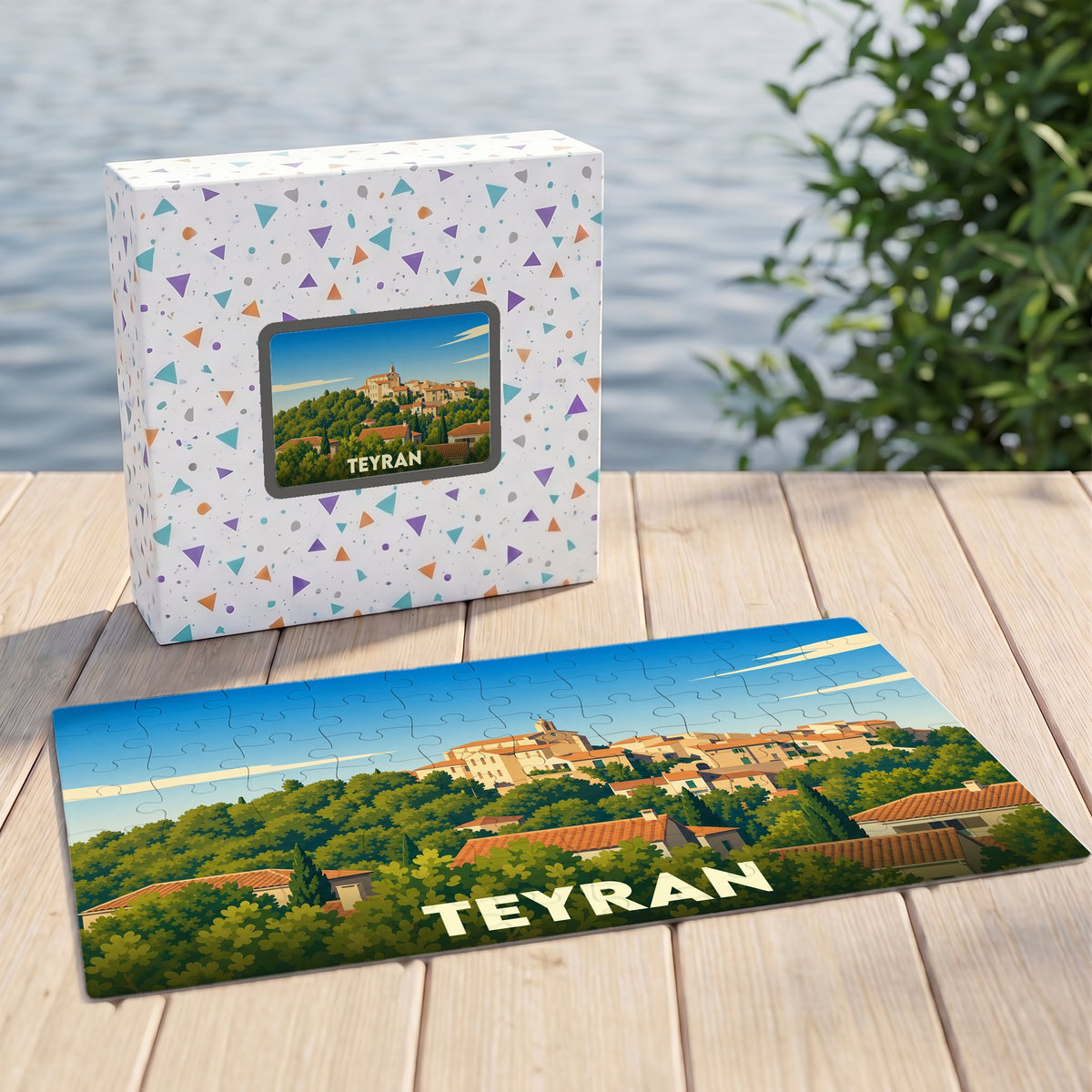 Puzzle souvenir de la ville de Teyran avec une illustration stylisée et colorée.