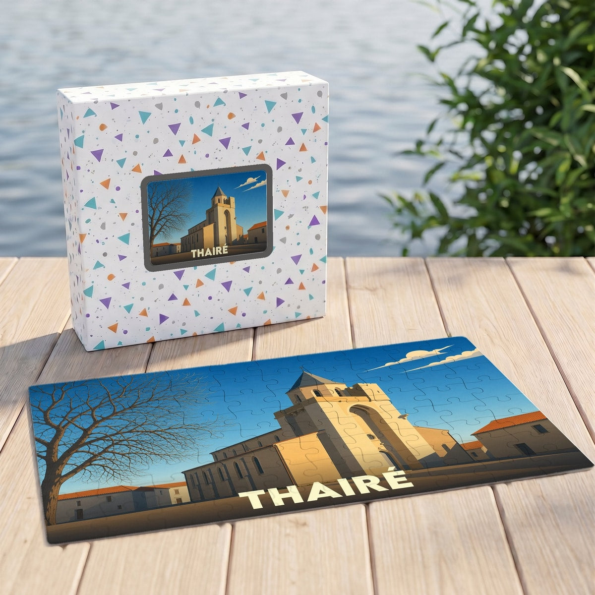 Puzzle souvenir de la ville de Thairé avec une illustration stylisée de son église fortifiée.