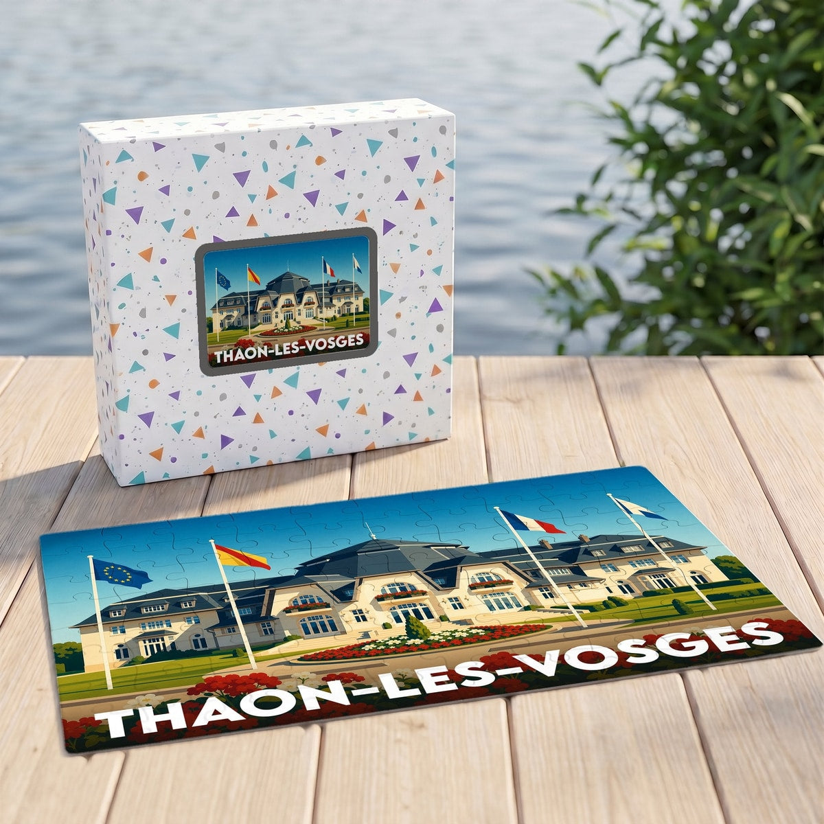 Puzzle souvenir de la ville de Thaon-les-Vosges avec son illustration stylisée et sa boîte assortie.