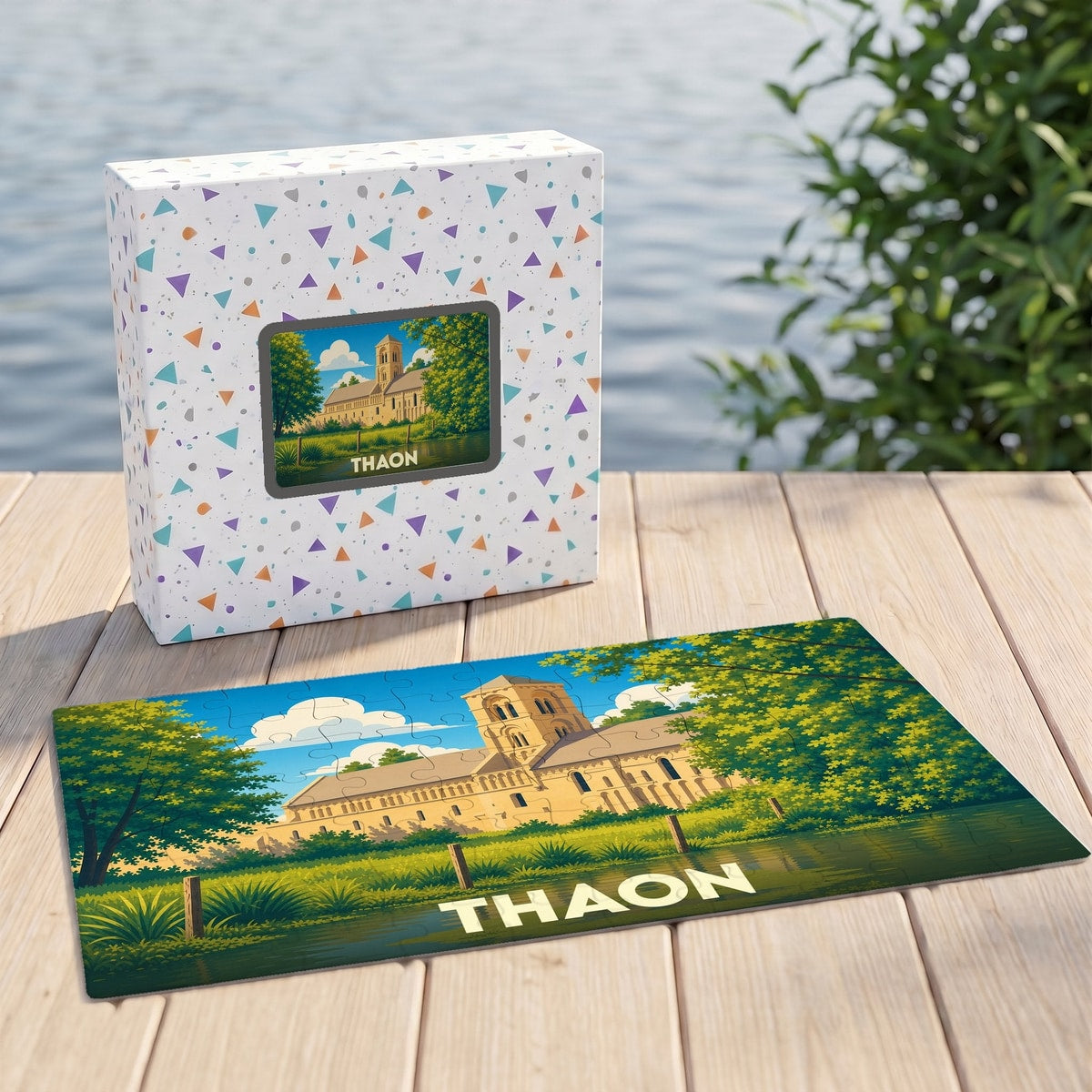 Puzzle souvenir de la ville de Thaon présentant une illustration stylisée de son patrimoine architectural au bord de l'eau.