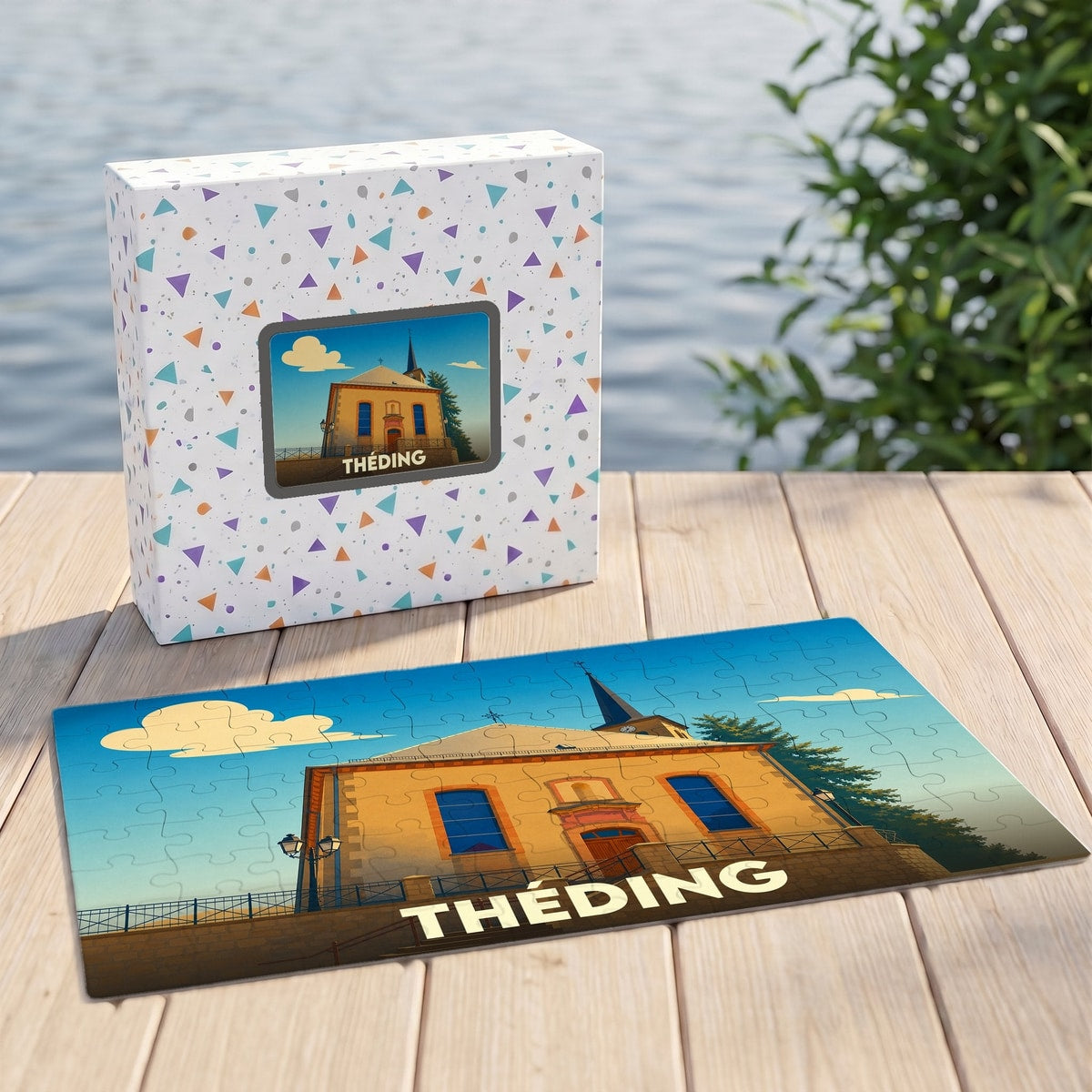 Puzzle souvenir de la ville de Théding avec une illustration stylisée de son église.