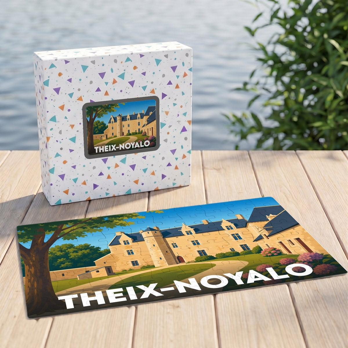 Puzzle souvenir de la ville de Theix-Noyalo illustrant un château de manière stylisée.
