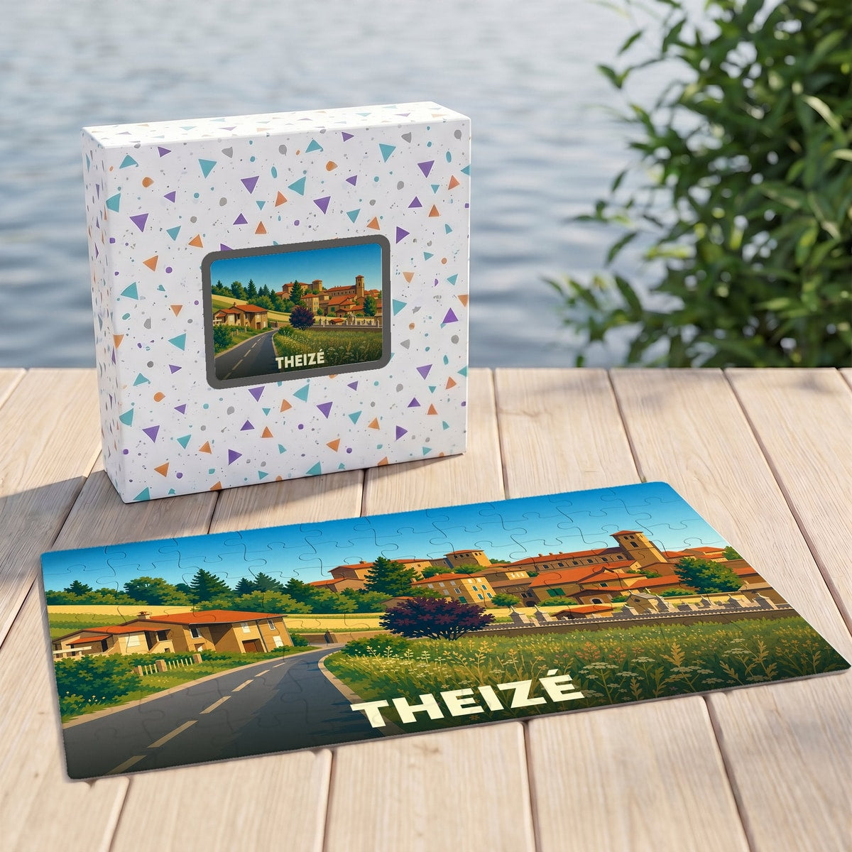 Puzzle souvenir de la ville de Theizé illustrant un paysage de village vallonné.