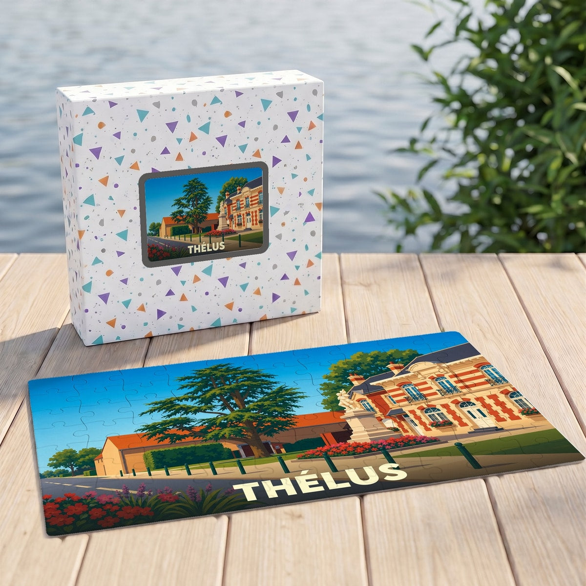 Puzzle souvenir de la ville de Thélus avec une illustration stylisée d'un bâtiment historique et d'un grand cèdre.