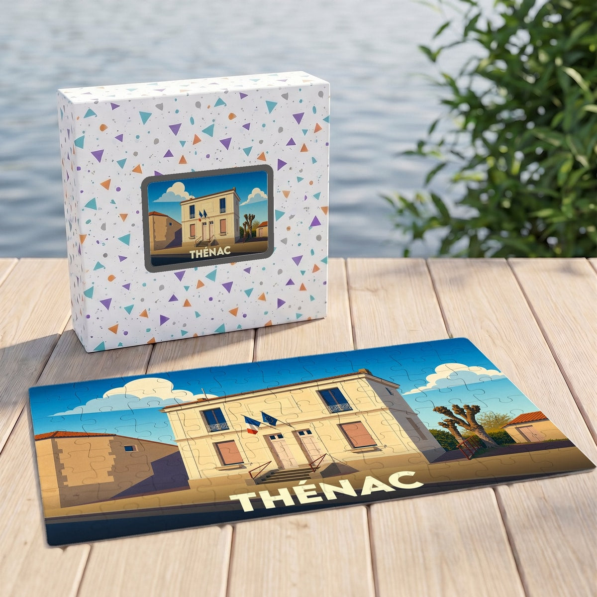 Puzzle souvenir de la ville de Thénac présentant une illustration stylisée de sa mairie dans sa boîte assortie.