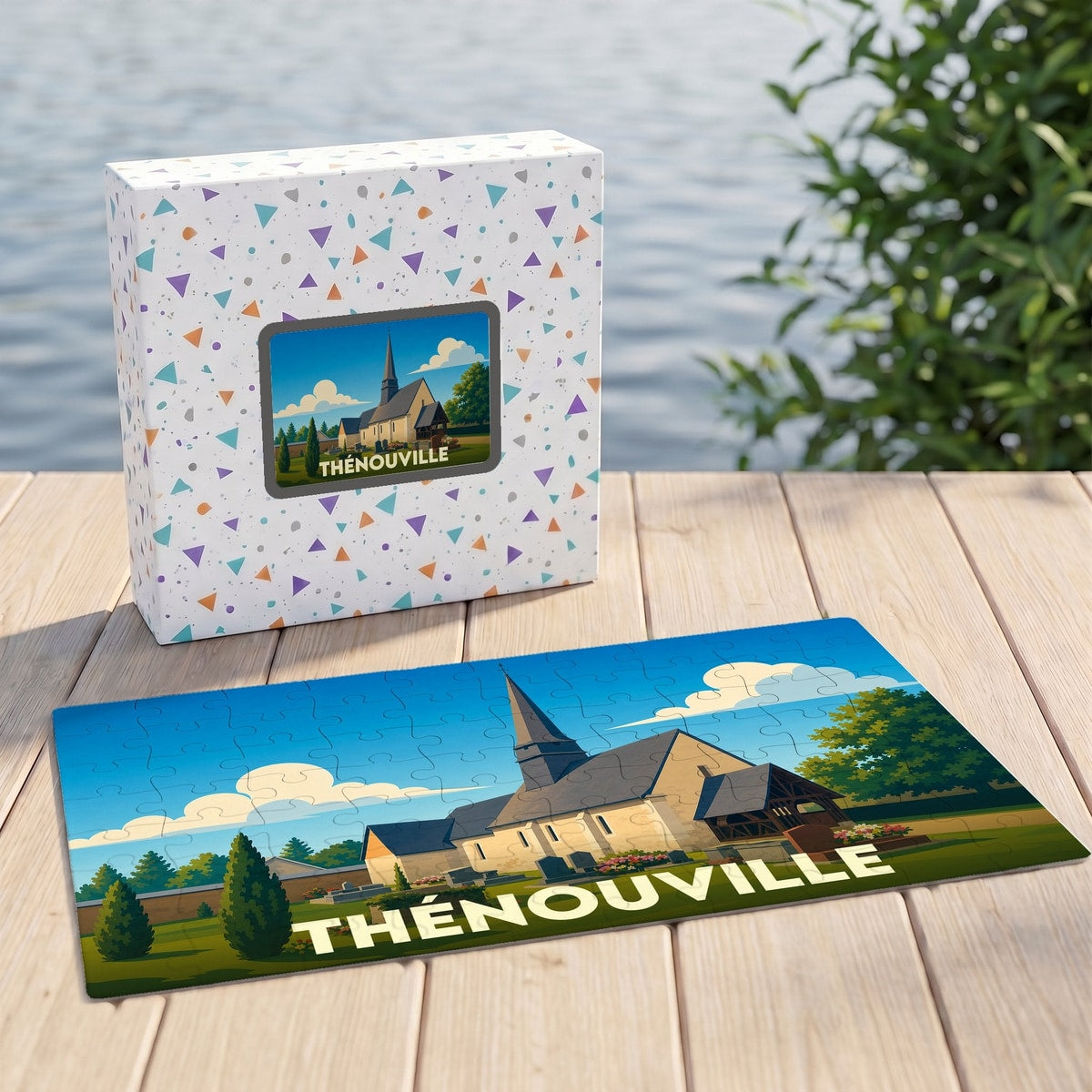 Puzzle souvenir de la ville de Thénouville avec une illustration stylisée d'une église locale.