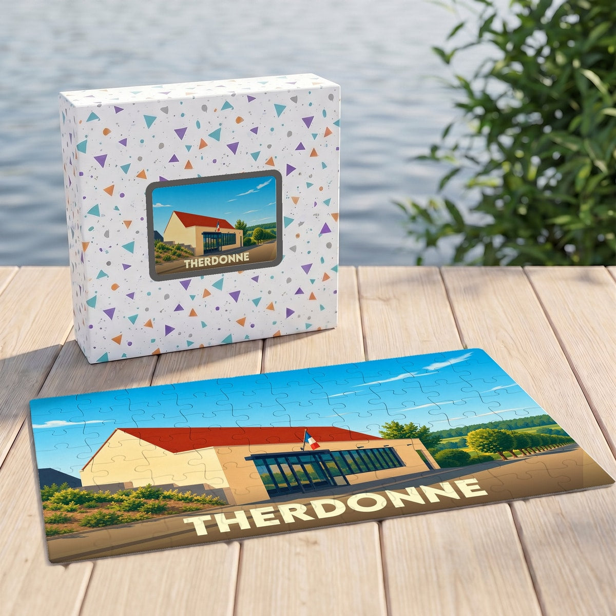 Puzzle souvenir de la ville de Therdonne avec une illustration stylisée d'un bâtiment sous un ciel bleu.