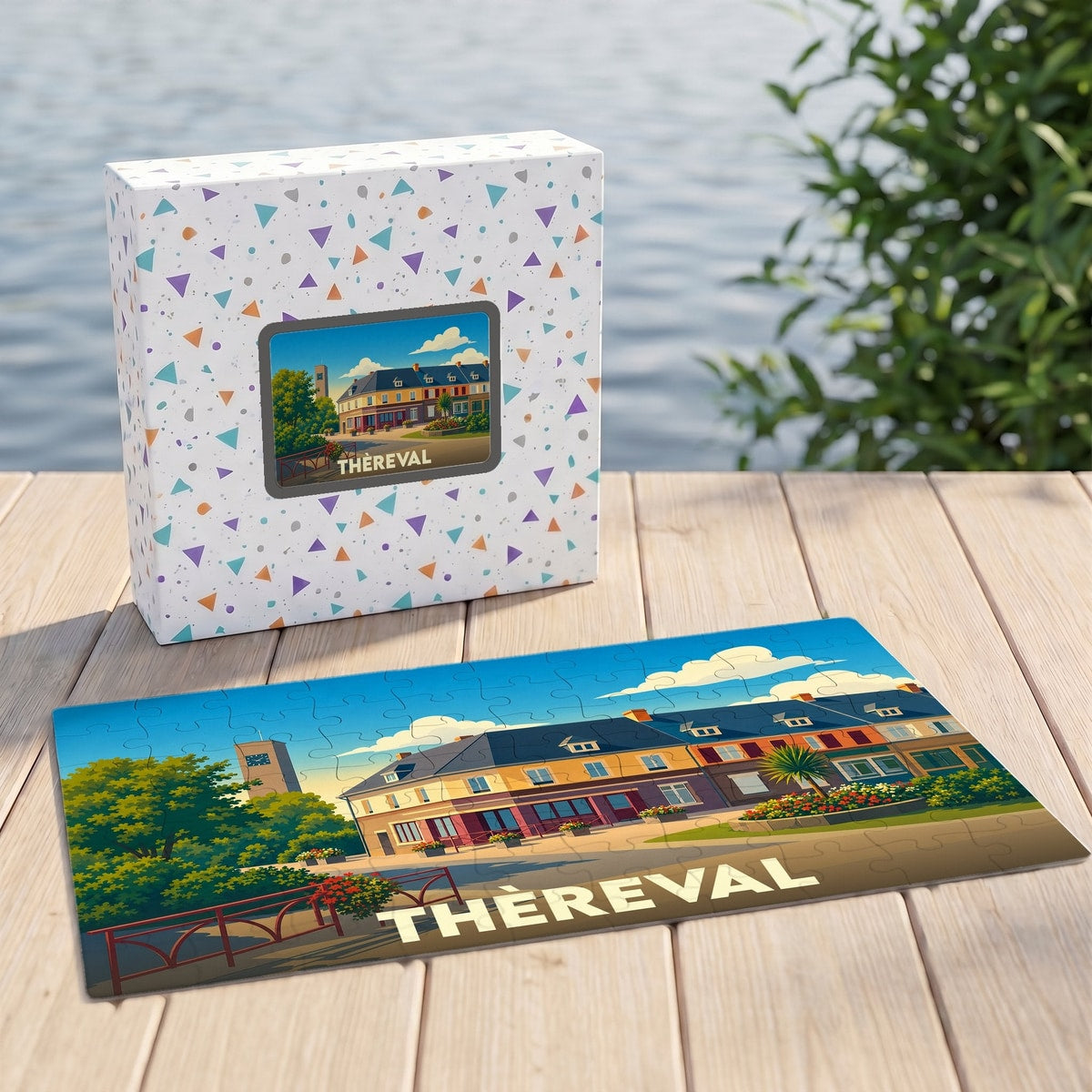 Puzzle souvenir de la ville de Thèreval avec une illustration colorée et stylisée.