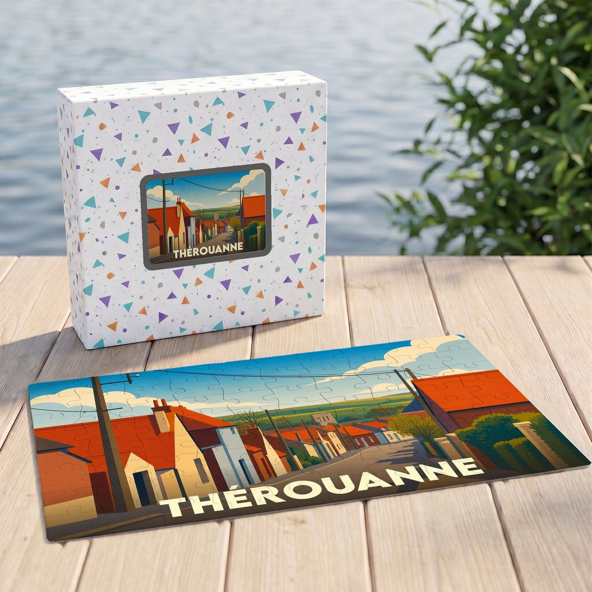 Puzzle souvenir de la ville de Thérouanne avec une illustration stylisée et sa boîte assortie.