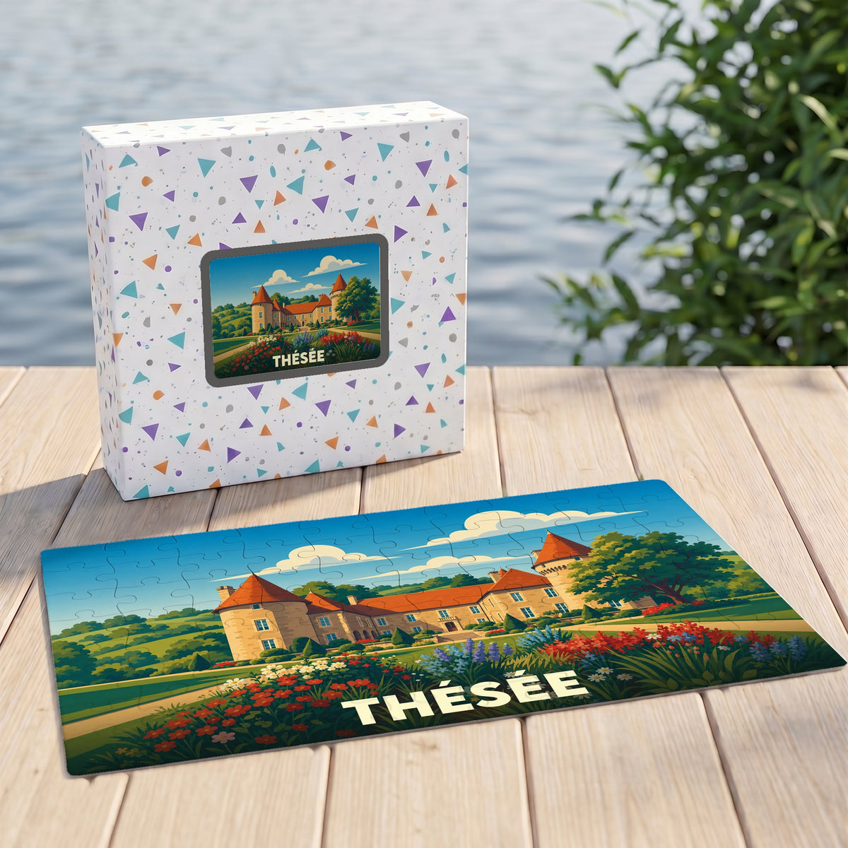 Puzzle souvenir de la ville de Thésée représentant une illustration stylisée de ses vestiges gallo-romains.
