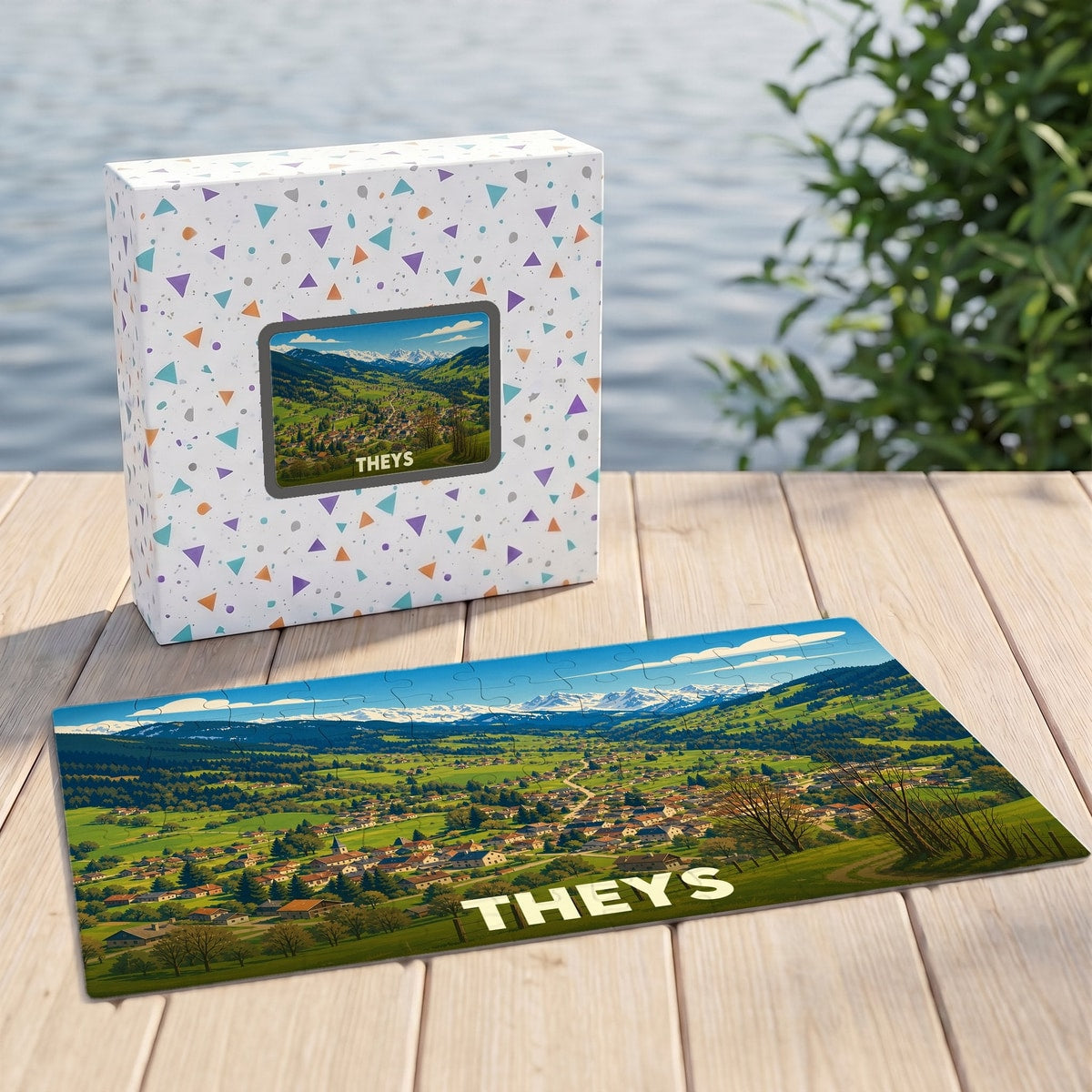 Puzzle souvenir de la ville de Theys illustrant un paysage de montagne verdoyant.