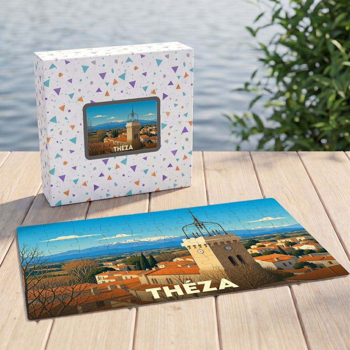 Puzzle souvenir de la ville de Théza avec une illustration stylisée d'un clocher et de montagnes enneigées.