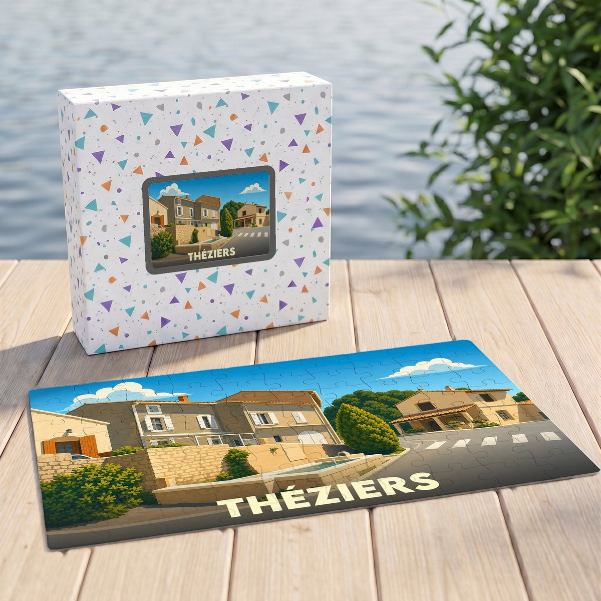 Puzzle souvenir de la ville de Théziers avec une illustration stylisée et colorée.