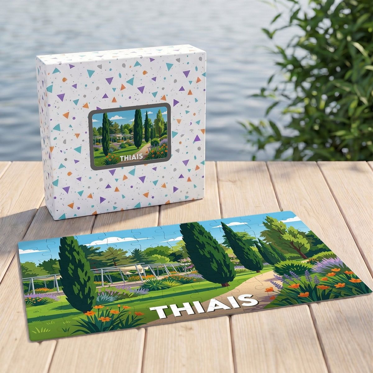 Puzzle souvenir de la ville de Thiais représentant un parc verdoyant dans un style illustré.