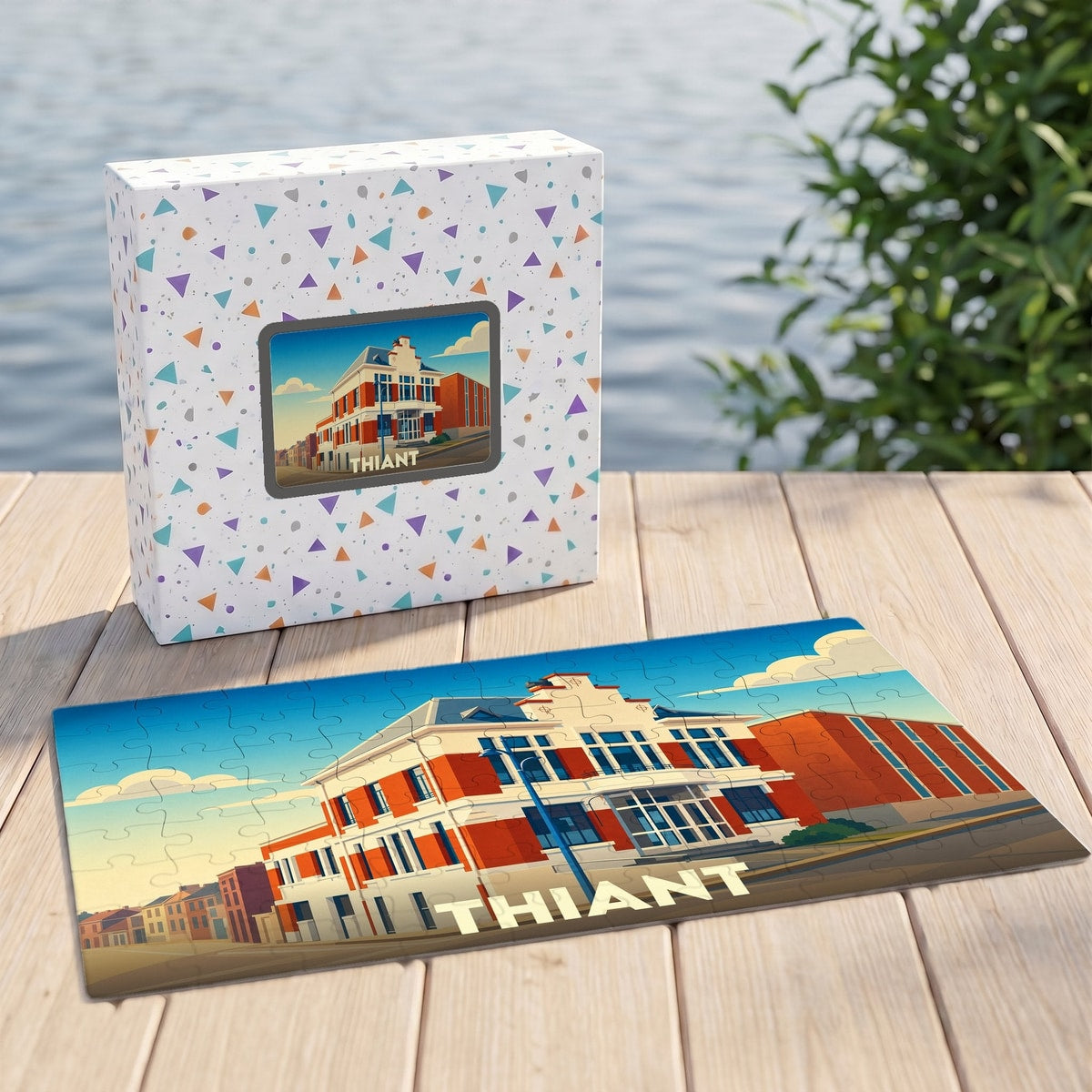 Puzzle souvenir de la ville de Thiant avec une illustration stylisée de son architecture.