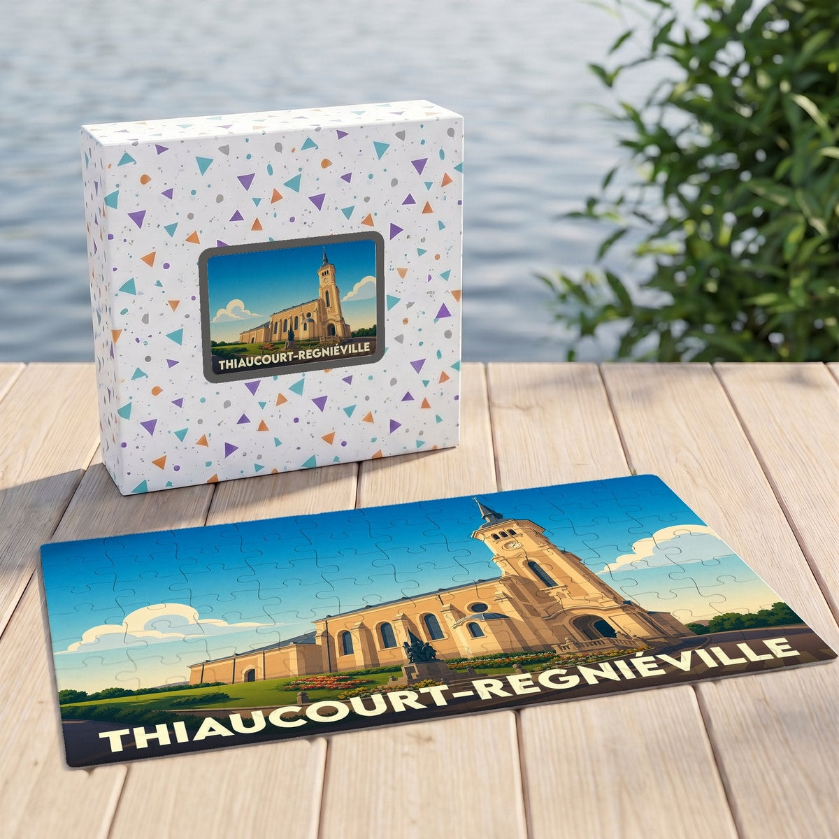 Puzzle souvenir de la ville de Thiaucourt-Regniéville avec une illustration stylisée de son église et de son monument.