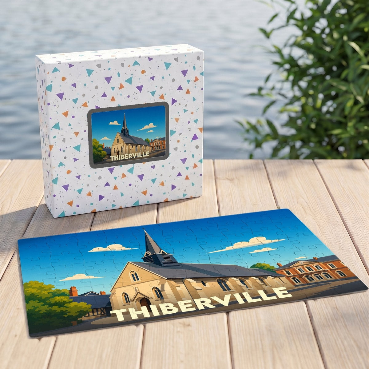 Puzzle souvenir de la ville de Thiberville avec une illustration stylisée d'une église et de ses environs.