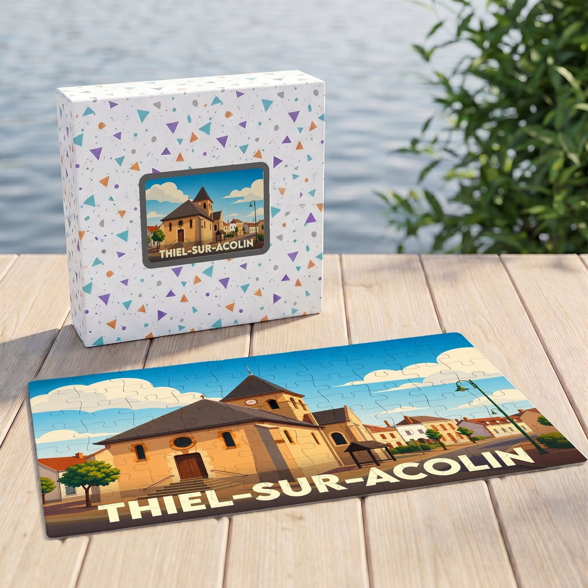 Puzzle souvenir de la ville de Thiel-sur-Acolin avec une illustration stylisée d'une église sous un ciel bleu.