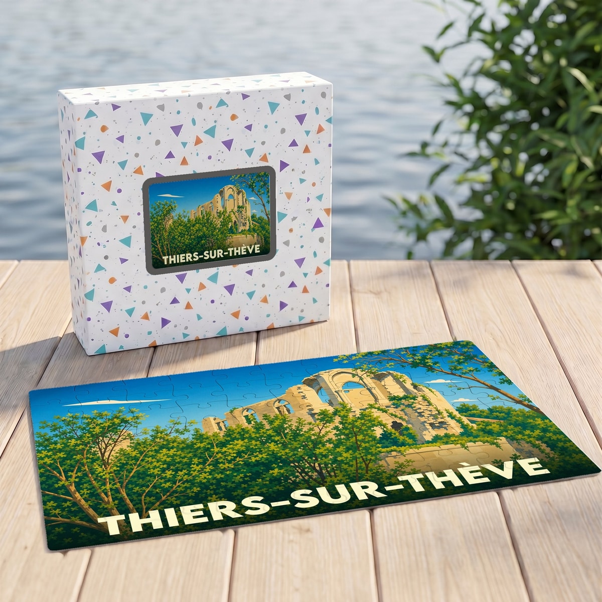 Puzzle souvenir de la ville de Thiers-sur-Thève avec une illustration stylisée de ses ruines historiques.