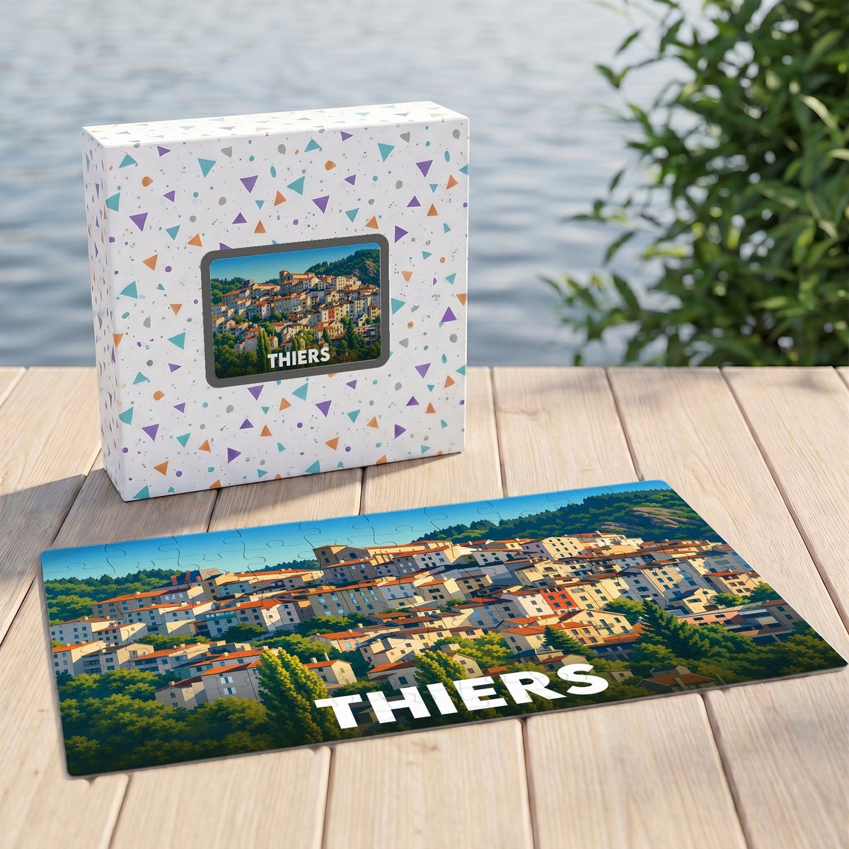 Puzzle souvenir de la ville de Thiers avec une illustration colorée de ses maisons à flanc de colline.