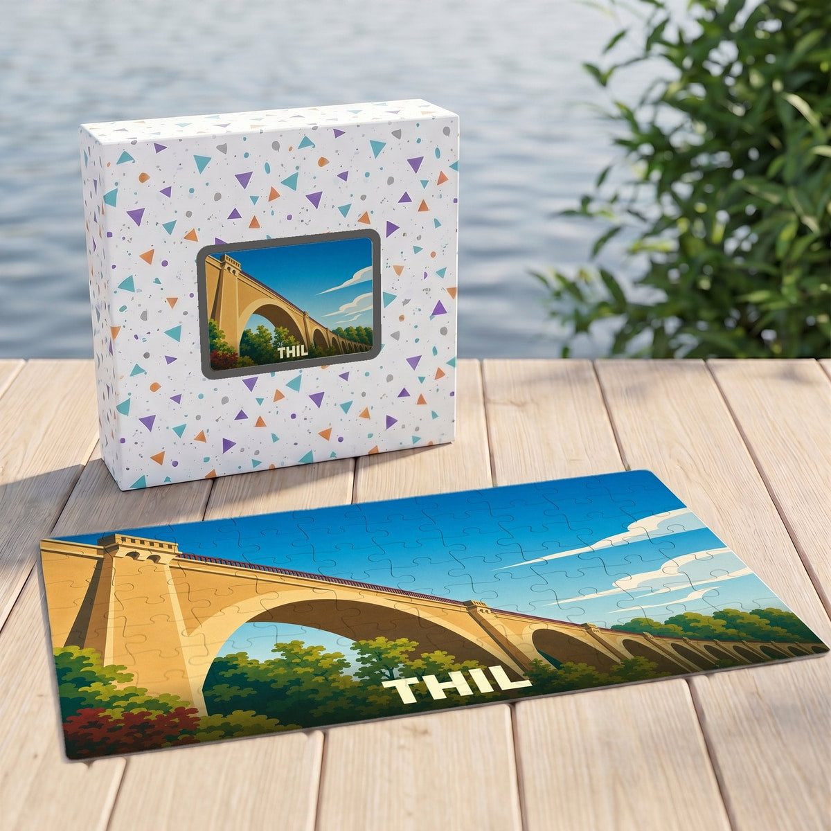 Puzzle souvenir de la ville de Thil avec une illustration stylisée d'un viaduc.