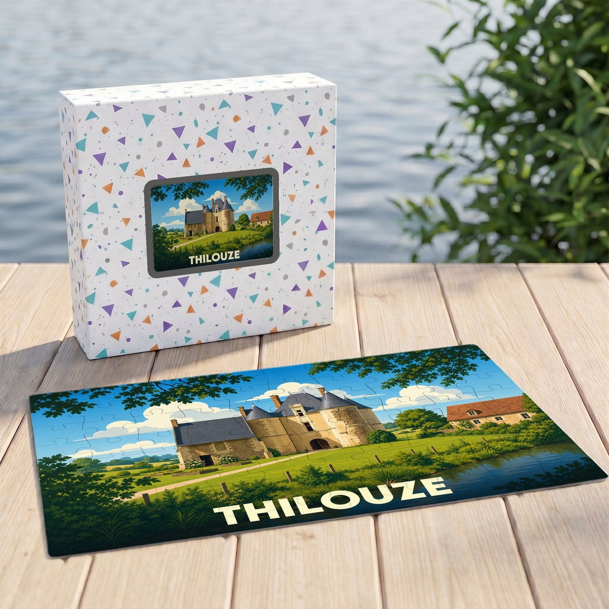 Puzzle souvenir de la ville de Thilouze avec une illustration stylisée de son château.