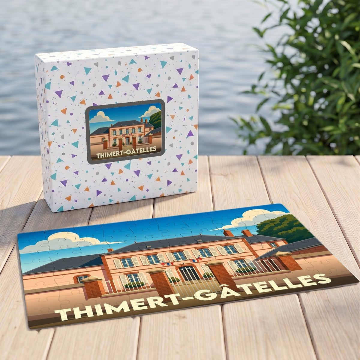 Puzzle souvenir de la ville de Thimert-Gâtelles avec une illustration stylisée de sa mairie.
