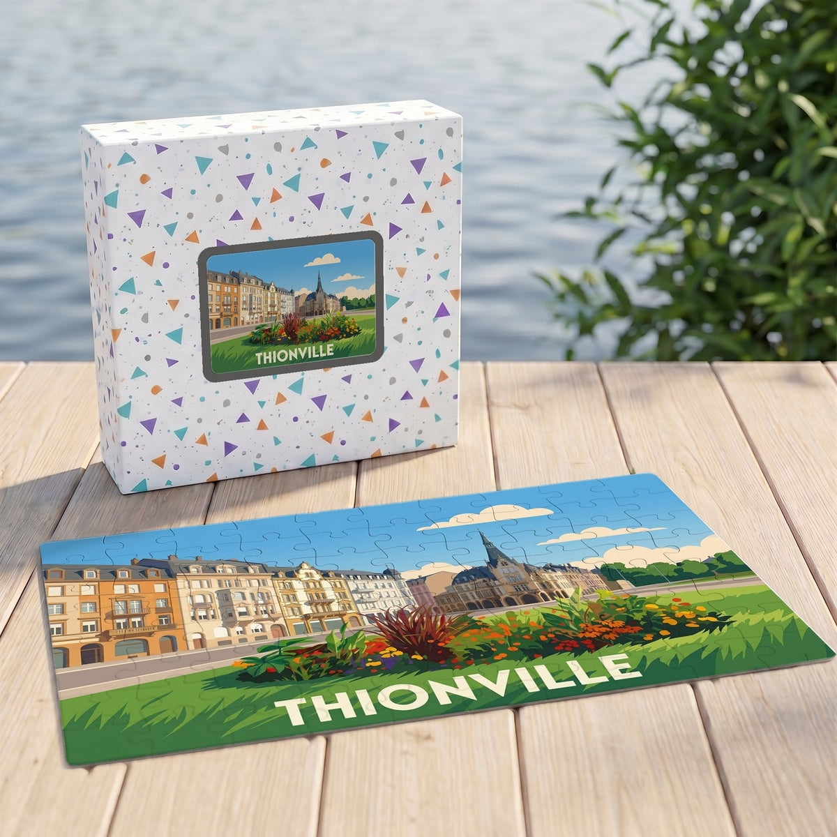 Puzzle souvenir de la ville de Thionville avec une illustration stylisée et sa boîte assortie.