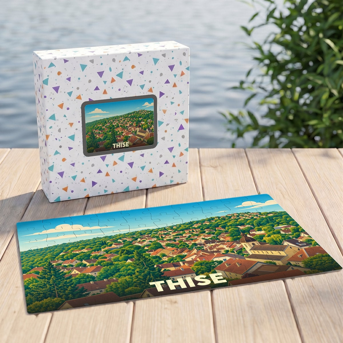Puzzle souvenir de la ville de Thise illustrant un paysage urbain verdoyant sous forme de dessin.