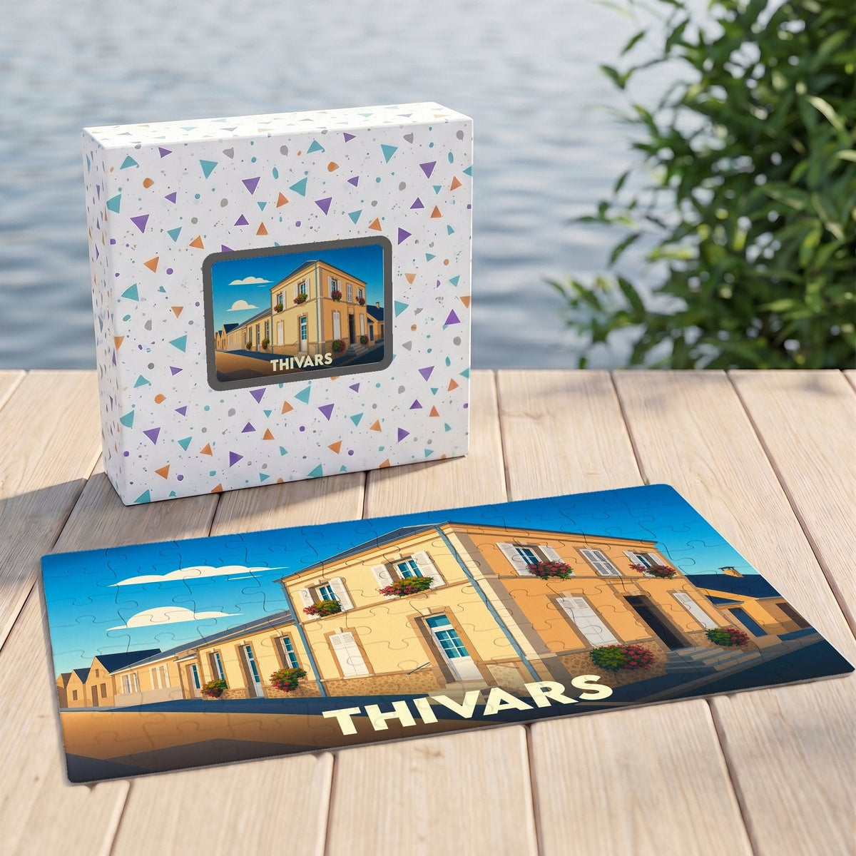 Puzzle souvenir de la ville de Thivars avec une illustration stylisée d'un bâtiment ensoleillé.