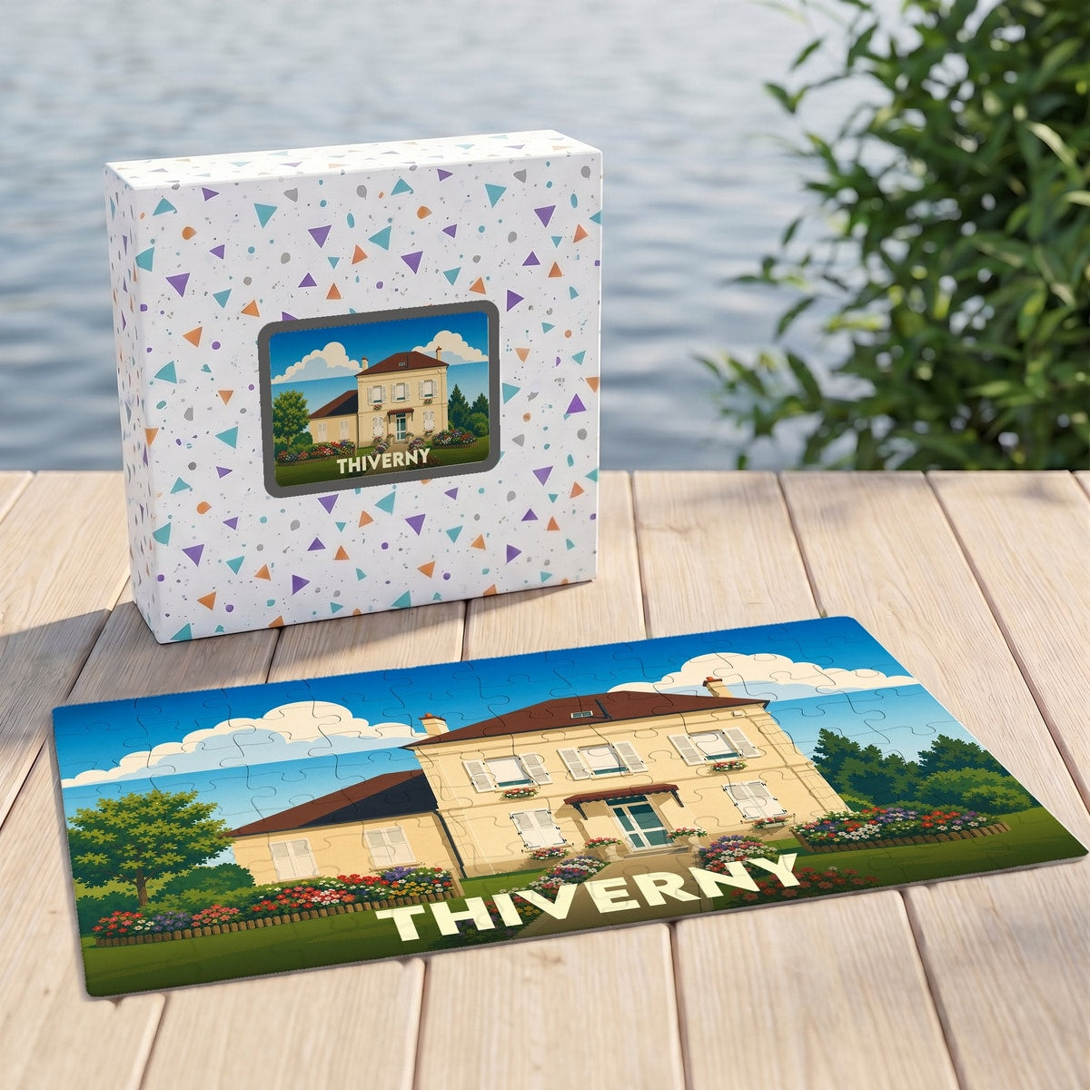 Puzzle souvenir de la ville de Thiverny illustré d'une maison de maître colorée.