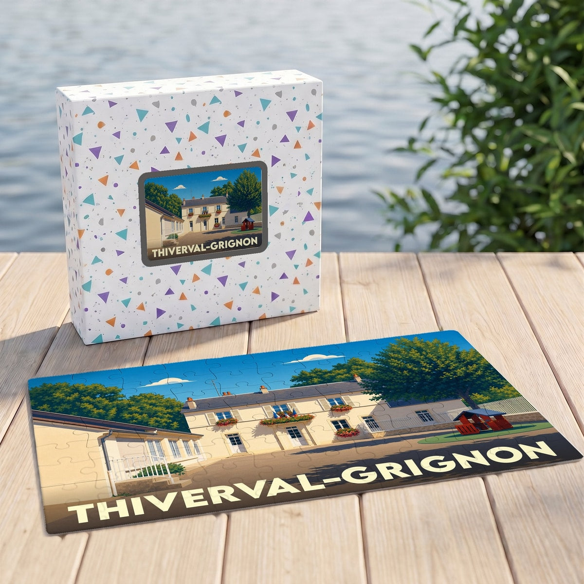 Puzzle souvenir de la ville de Thiverval-Grignon avec une illustration stylisée des bâtiments communaux.