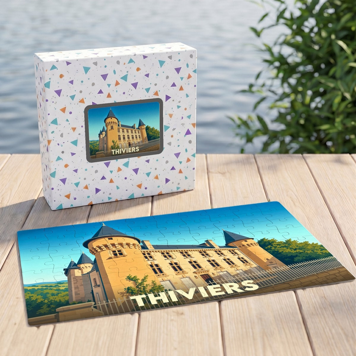 Puzzle souvenir de la ville de Thiviers avec une illustration stylisée de son château.